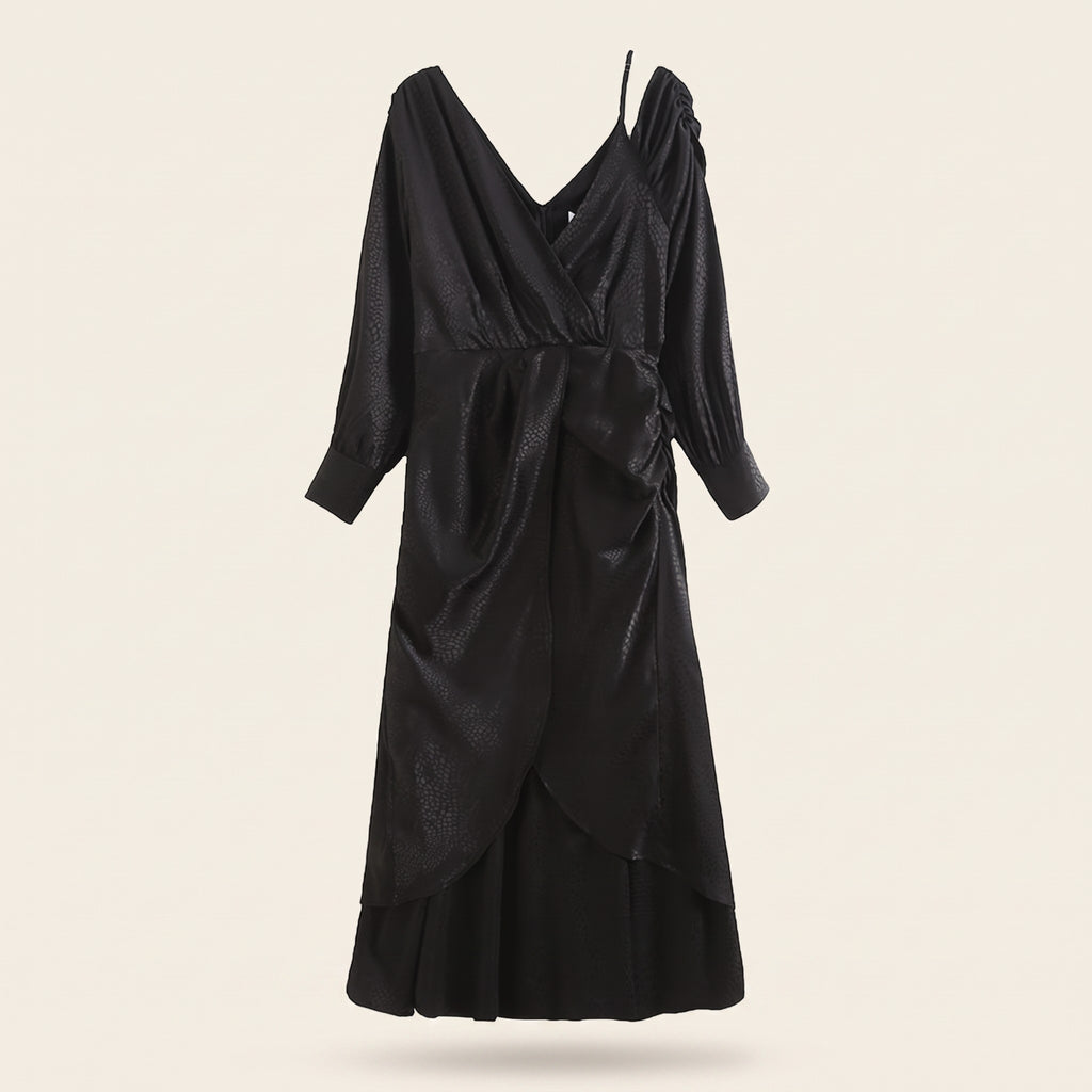 AI-generated straight-on front ghost-mannequin packshot of Lover To Lover Maxi Dress - BLACK on a warm off-white studio background.