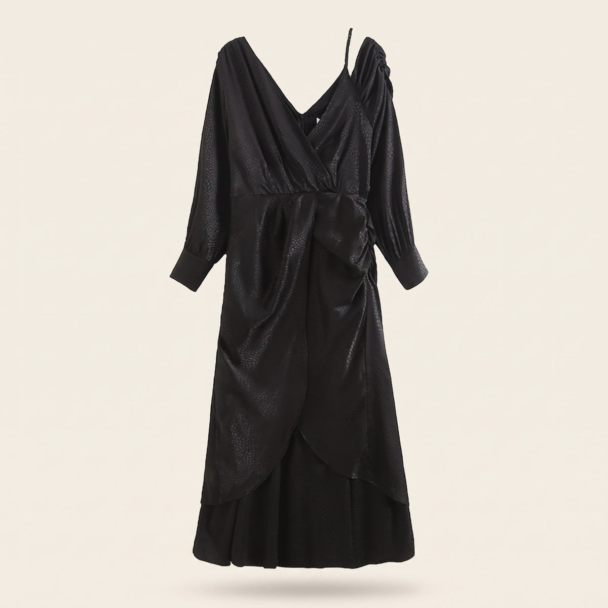 AI-generated straight-on front ghost-mannequin packshot of Lover To Lover Maxi Dress - BLACK on a warm off-white studio background.