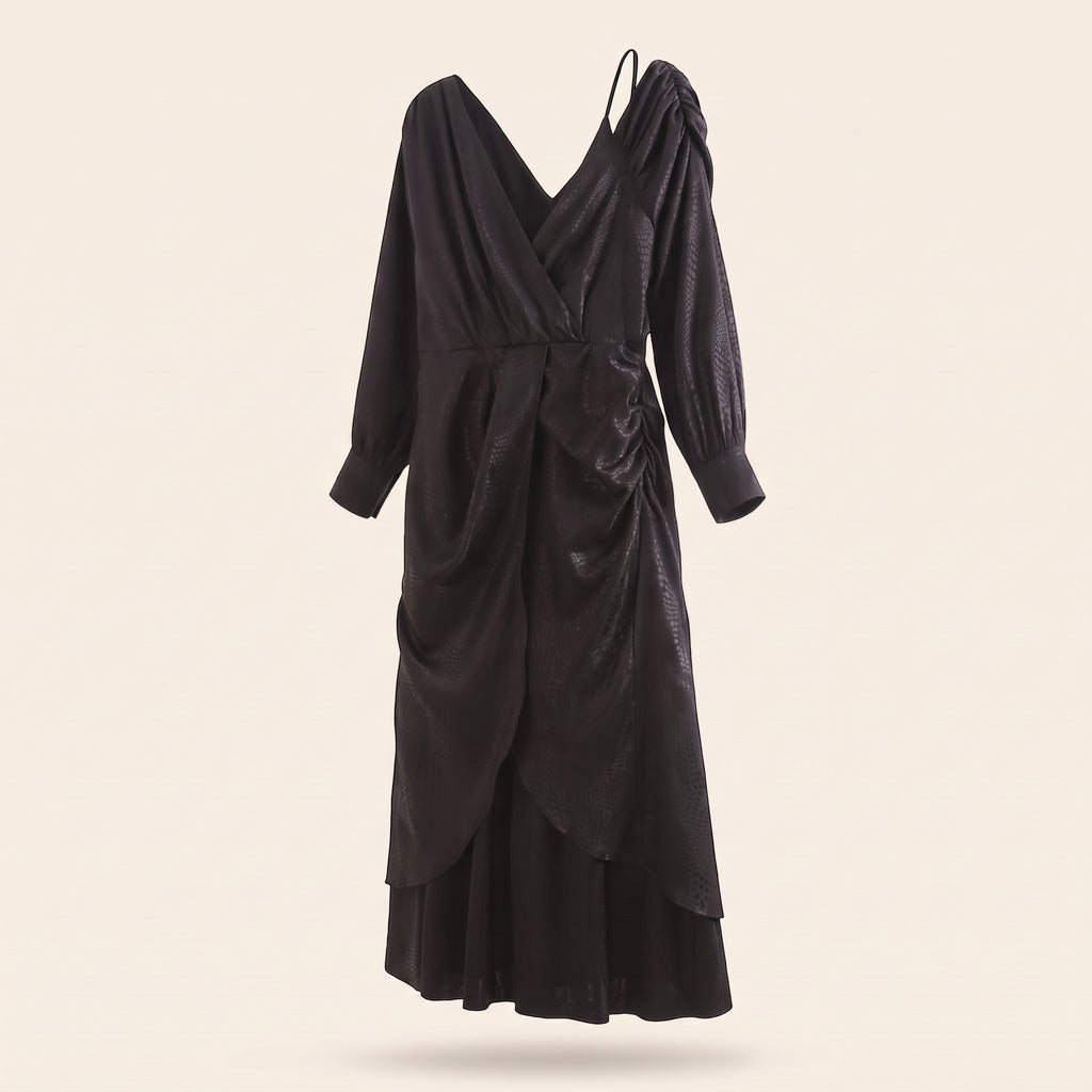 AI-generated side-profile ghost-mannequin packshot of Lover To Lover Maxi Dress - BLACK on a warm off-white studio background.