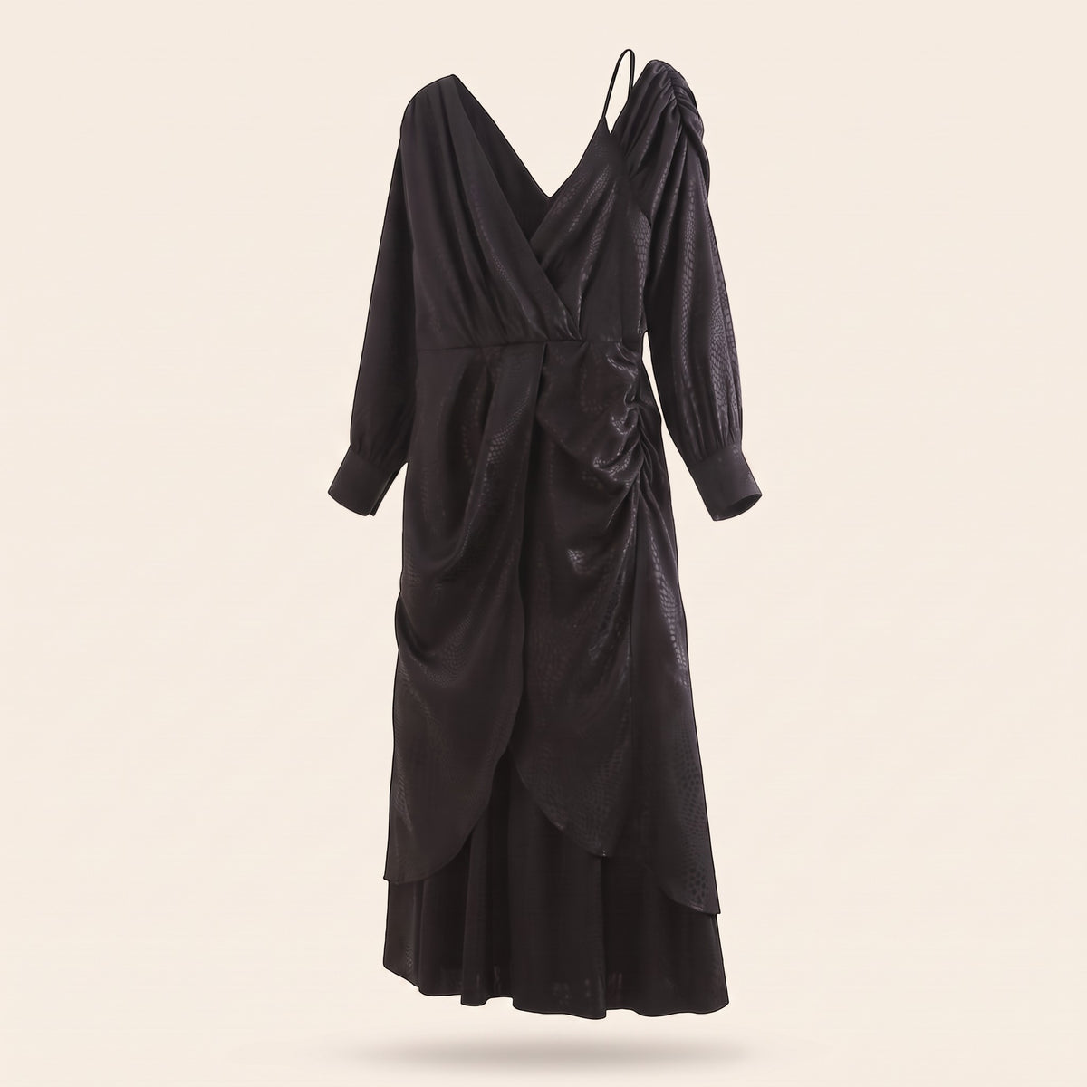 AI-generated side-profile ghost-mannequin packshot of Lover To Lover Maxi Dress - BLACK on a warm off-white studio background.