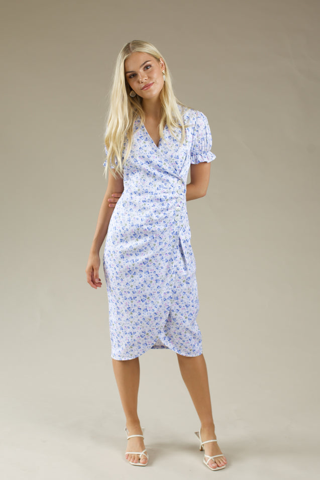Shell Button Warp Midi Dress - BLUE FLORAL