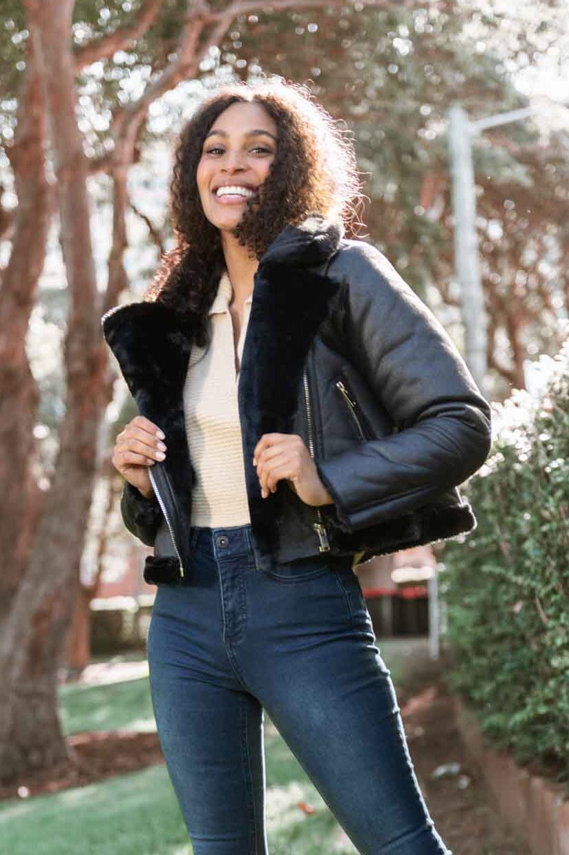 Faux Fur Biker Jacket - BLACK