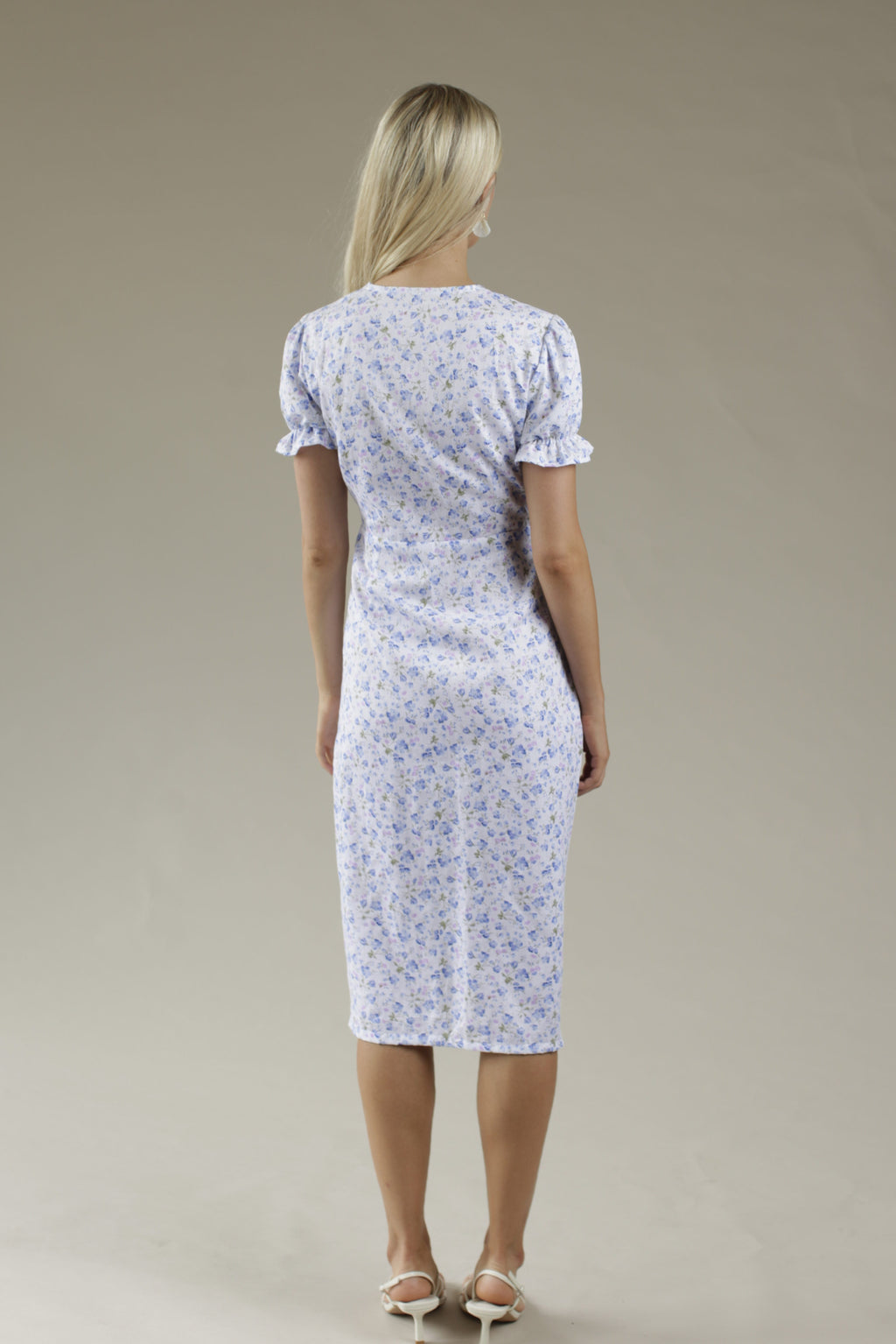 Shell Button Warp Midi Dress - BLUE FLORAL