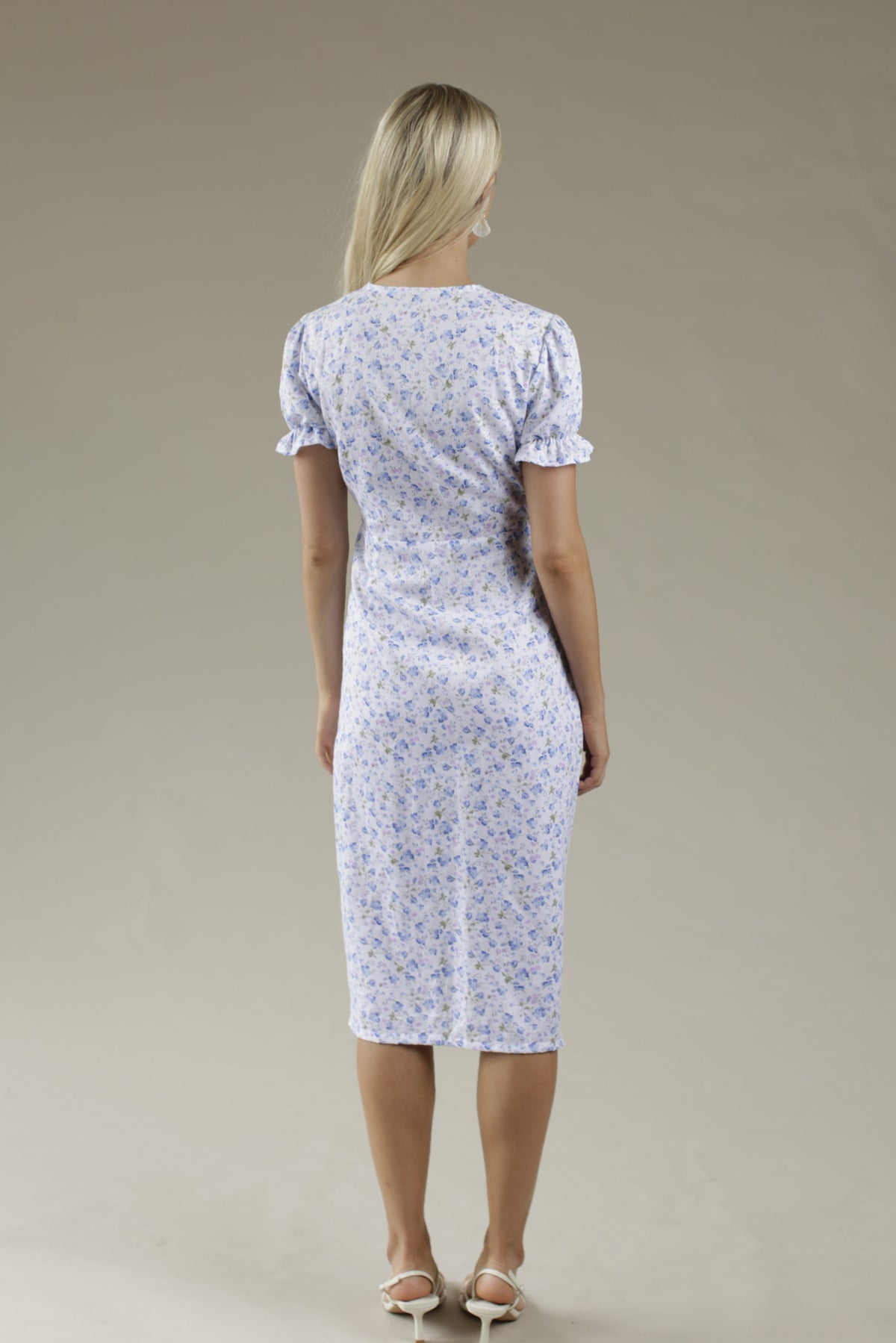 Shell Button Warp Midi Dress - BLUE FLORAL